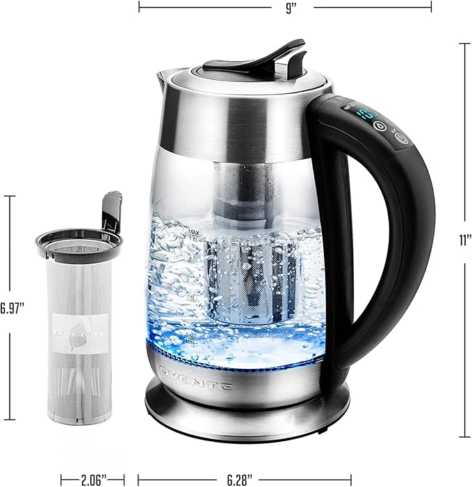 OVENTE 1.8L Glass Electric Kettle with Tea Infuser, Silver KG6610S