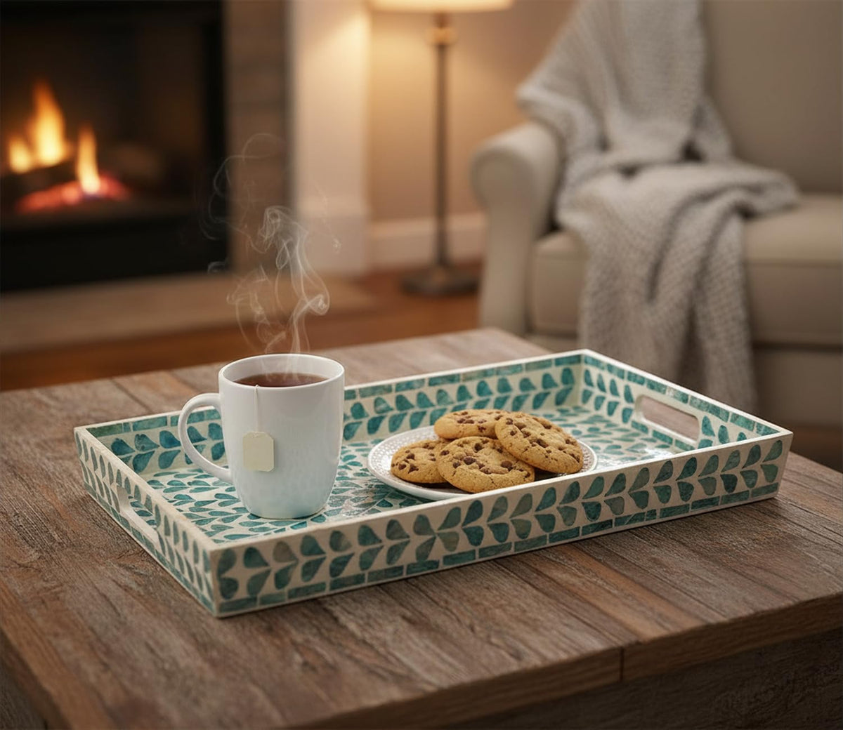 PEMAR Rectangular Mother of Pearl Serving Tray Nacre Wood Lap Ottoman Tray for Coffee Table, Luxury Decorative Handmade Eating Platters w Insert Handles (Teal Floral Pattern)