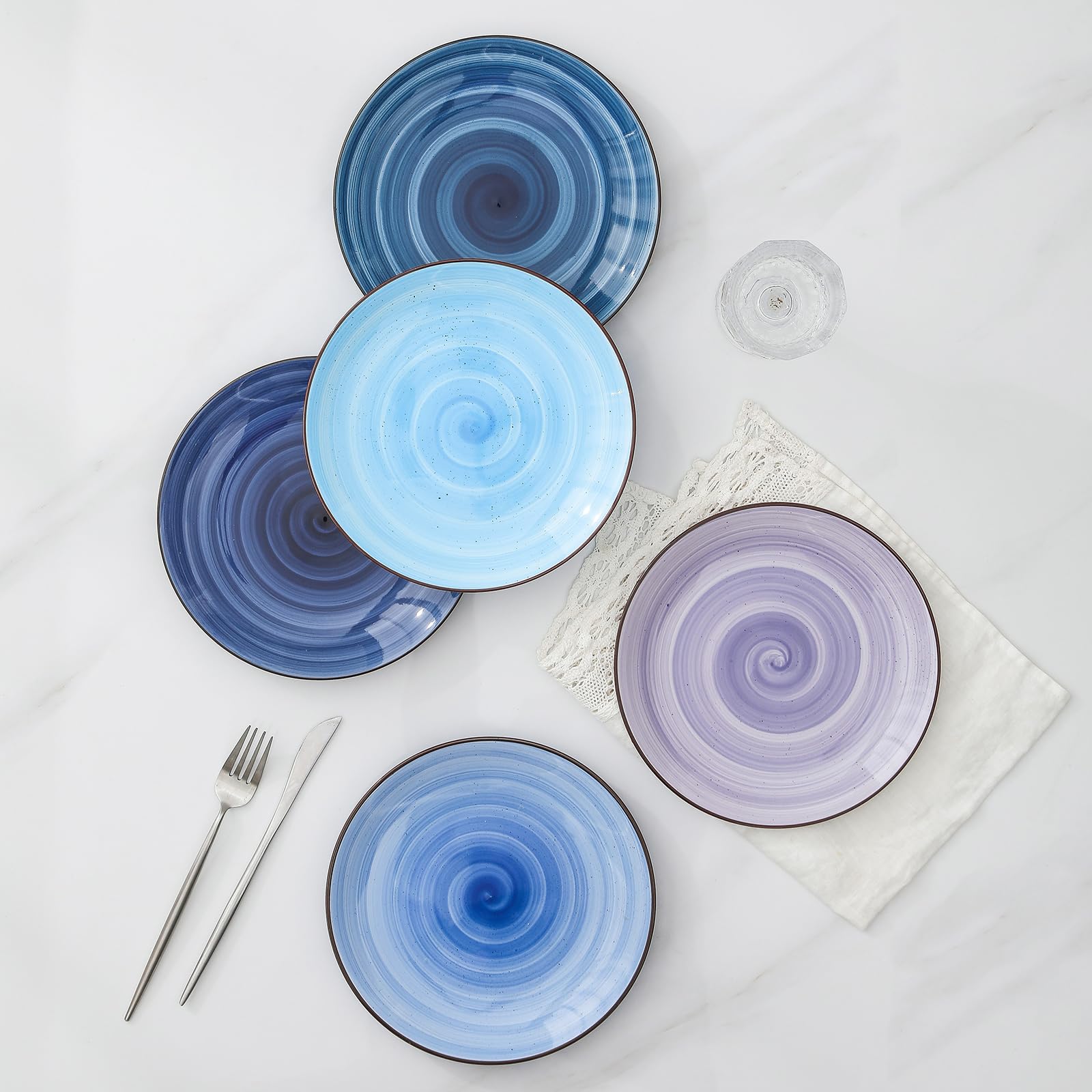Selamica Ceramic Plates and Bowls Set, 24 Pieces Dinnerware Sets for 6, Scratch Resistant Dishes Set, Handpainted Swirl with Spot Dishwasher & Microwave Safe, Gradient Blue