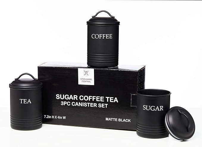 Steelware Central Kitchen Canister Set of 3 Sugar Coffee Tea with lids Food Storage, Black