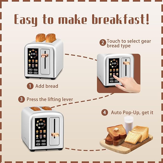 SEEDEEM 2-Slice Touchscreen Toaster, Stainless, 7 Shade, 1350W, Silver