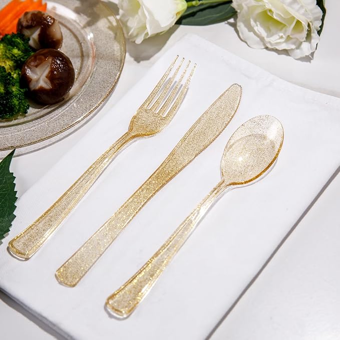 Supernal 300pcs Gold Glitter Plastic Silverware, Disposable Cutlery Set