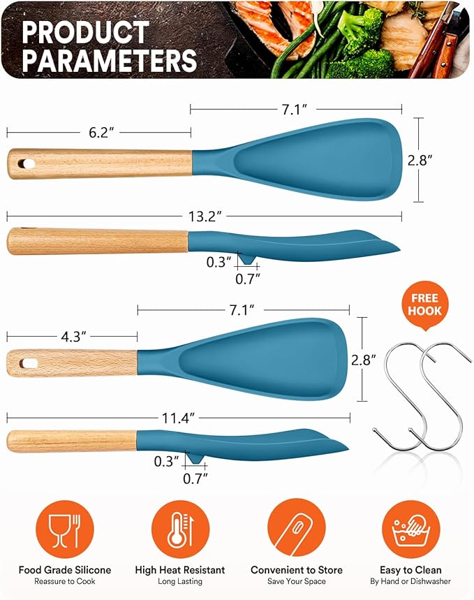 Badiano Multifunction Cooking Spoons for Nonstick Cookware,11.4"&13.4",TURQ
