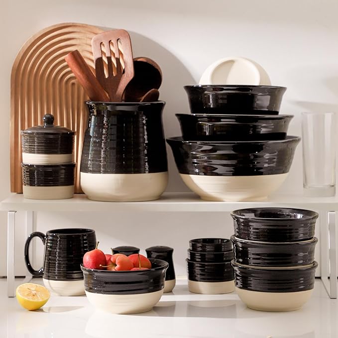 HASENSE Ceramic Cereal & Soup Bowls Set of 6, 20 Oz Black & Beige Stackable Stoneware Bowls, Farmhouse Bowls for Ramen, Salad, Oatmeal & Rice, Dishwasher & Microwave Safe
