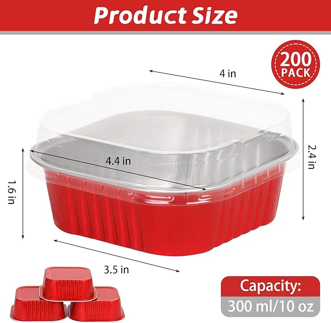 200 Pack 10 oz Square Mini Cake Pans with Lids, Disposable Aluminum Foil Baking Cups for Brownies, Cupcakes, Cheesecake & Catering (Red)