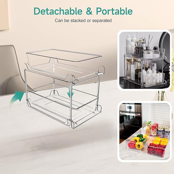 AITOPMART 2 Pack Bathroom Organizer,2 Tier Clear Under Sink Organizers Vanity Countertop Storage Container,Cabinet Drawers Bins, Pull-Out Organization with Track for Pantry, Kitchen