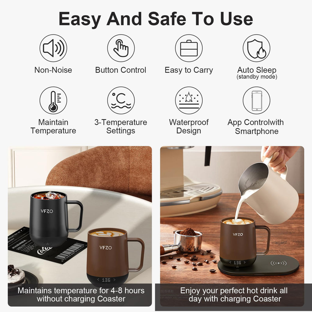 VFZO Temperature Control Smart Mug, Self Heating Coffee Mug LED Display, 180 Min Battery Life - Hot up to 149℉ Fast Wireless Charger Base Improved Design (12oz, Coffee)