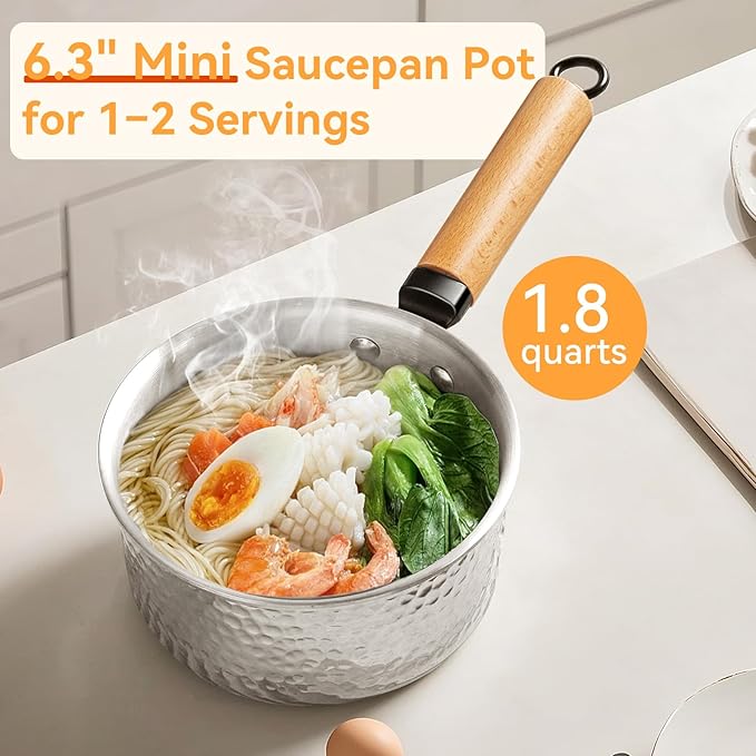 WANGYUANJI 1.8 Quart Stainless Steel Saucepan with Lid, Tri-Ply Steel Small Sauce Pan, Coating-Free Interior, Hammered Finish, Induction Compatible Soup Pot with Tempered Glass Lid & Wood Handle