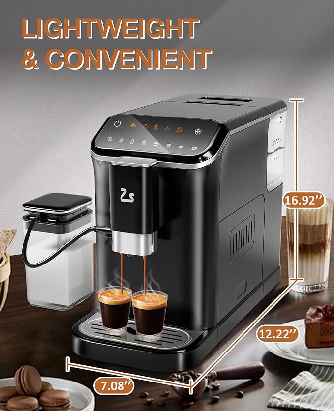 IDEALHOUSE Fully Automatic Espresso Machine with Built-In Grinder and Milk Frother, Touchscreen Control, 20 Bar Pressure, 1.5L Detachable Water Tank, One-Touch Latte & Cappuccino Maker, Black