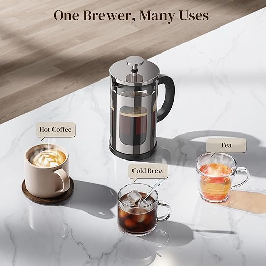 Veken French Press Coffee Maker 21oz 0.6 L, Single Serve Small Pot, Heat Resistant Thickened Borosilicate Glass,Stainless Steel Brewer,Cold Brew Cafetera Teapot for Kitchen Travel Camping, Dark Pewter