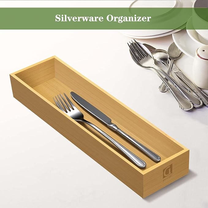 guiogc Silverware Drawer Organizer, Utensil Organizer, Bamboo Storage Box Wood Tray for Drawer Set of 2