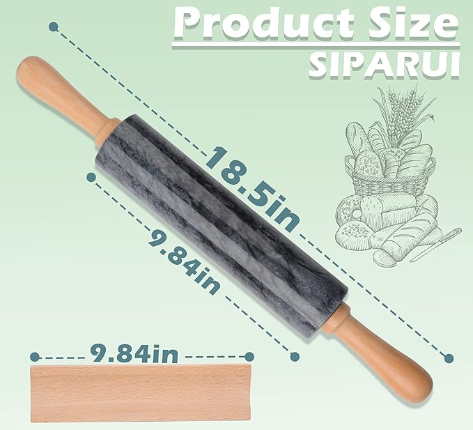 SIPARUI Marble Rolling Pin with Wooden Cradle Thick Handle Set for Baking,18.5 inch Premium Quality Polished Roller for Pizza Dough,Fondant,Pie Crust,Non-Stick Surface Easy to Clean(Black)