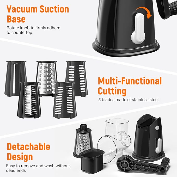 Rotary Cheese Grater Hand Crank, 5-in-1 Vegetable Chopper Spiralizer Slicer