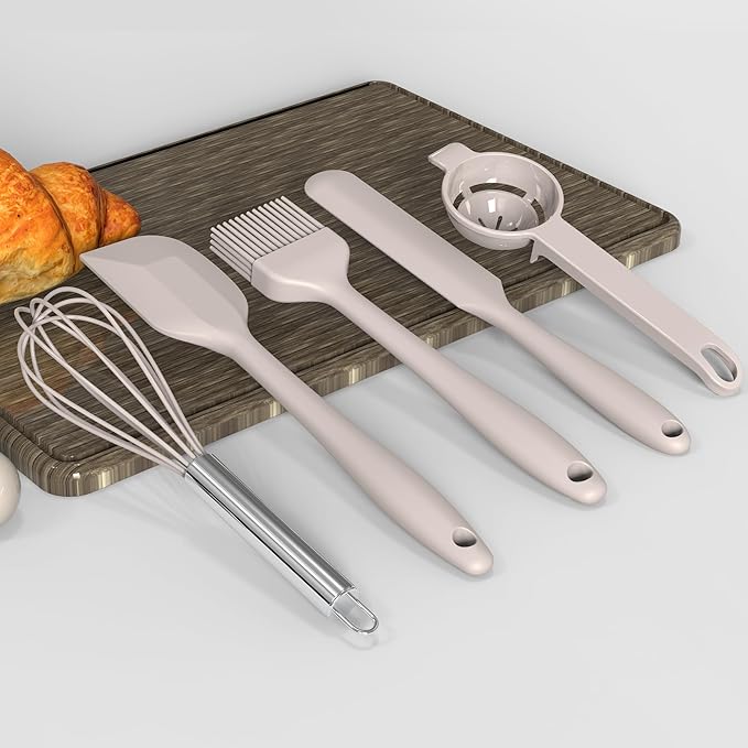 oannao Large Silicone Cooking Utensils Set - Heat Resistant Kitchen Utensils,Turner Tongs,Spatula,Spoon,Brush,Whisk,Stainless Steel Cooking Tool for Nonstick Cookware,Dishwasher Safe (Khaki)
