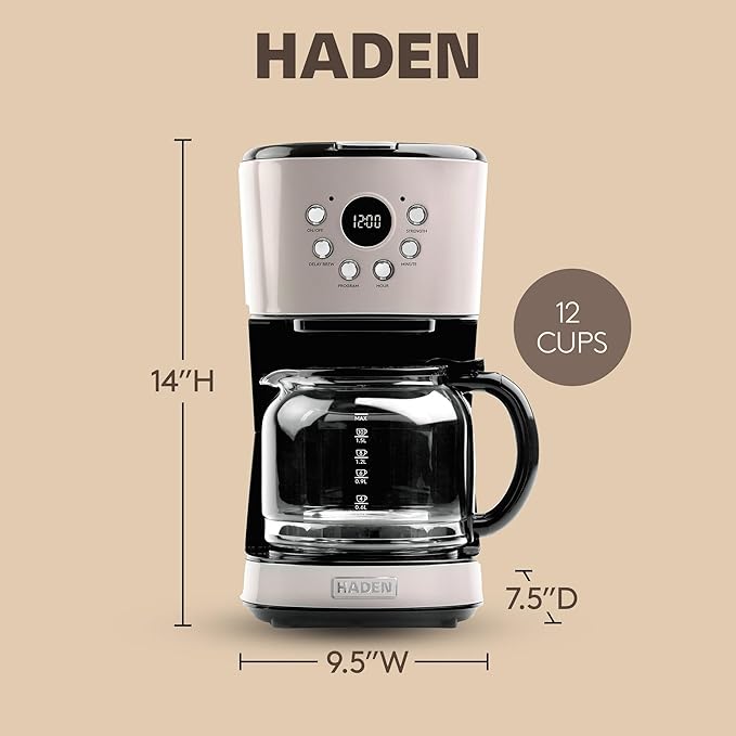 HADEN 12-Cup Programmable Coffee Maker for Home or Office, Putty & Chrome – Drip Brewer Machine with Brew Strength, Delay Brewing, Auto Shut-Off and Reusable Washable Water Filter