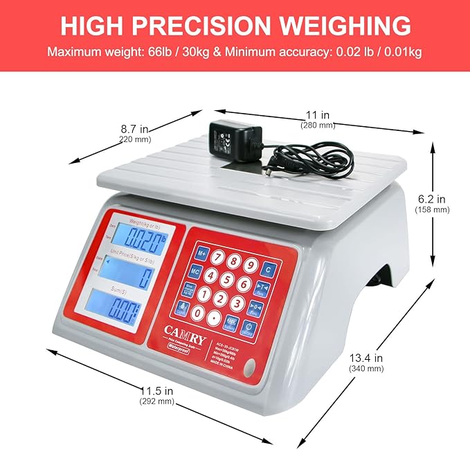 CAMRY Waterproof Commercial Food Scale, 66lb/30kg, Price Computing