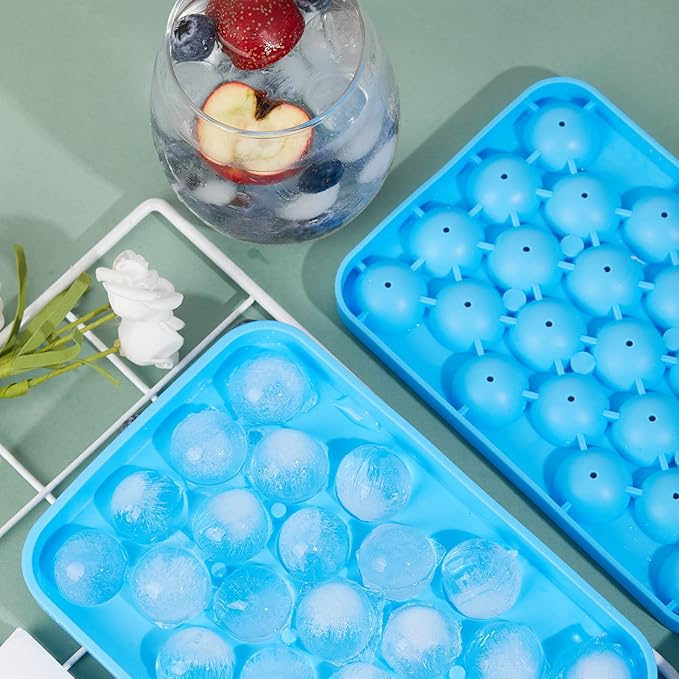 Obsoorth Round Ice Cube Tray 2 Pack BPA Free Silicone Flexible Easy Release 1.1 Inch x 50PCS Small Ice Ball Maker Mold for Whiskey, Cocktail, Chilling (Blue)