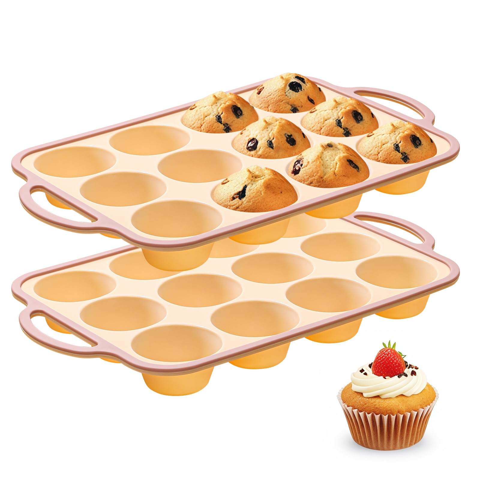 Fimary Silicone Muffin Pans for Baking 2 Pack, 2.6 Inch with Metal Reinforced Frame, Regular Size Nonstick Silicone Cupcake Pan for Baking Homemade Muffins, Cupcakes, Dishwasher Safe BPA Free-Yellow