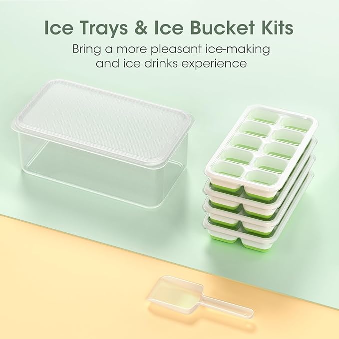 DOQAUS Ice Cube Tray with Lid and Bin,4 Pack Ice Cube Trays for Freezer