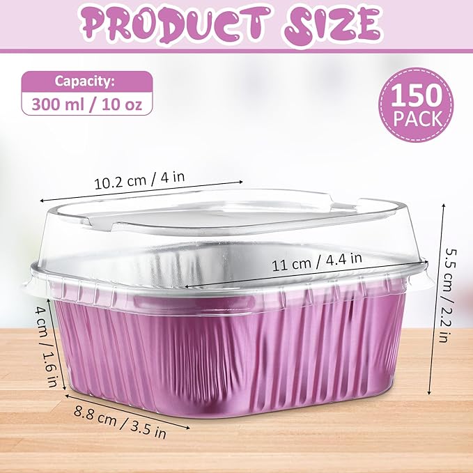 Aoriher 150 Pcs 10 oz Mini Cake Pans with Lids Aluminum Foil Baking Cup Disposable Square 4 x 4 Large Baking Tin, Muffin Pan Cheesecake Kitchen Brownie Pudding Desserts Holder(Rose Red)