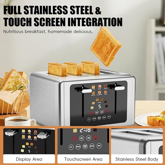 whall 4 Slice Touch Screen Toaster, Stainless Steel Toasters Digital Timer, Dual Control Panel Toasters，6 Shade Settings＆6 Bread Types, Smart Wide Slots, Bagel, Cancel, Defrost, Flat lever Silver