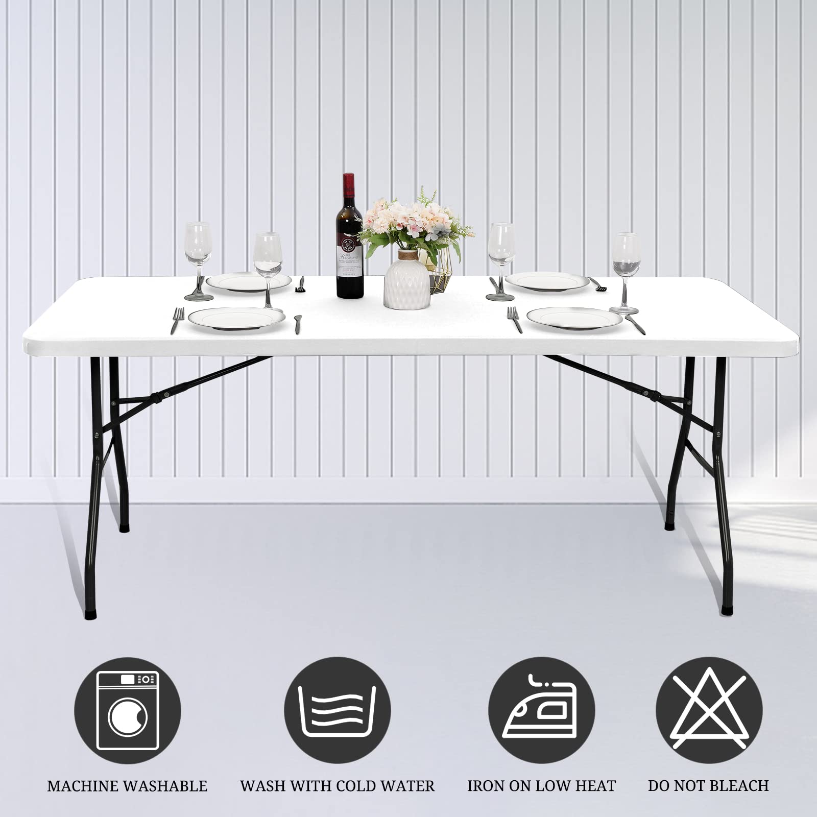 6 Pack Stretch Fabric Table Top Cap Cover, fits 8' Tables, Spandex Table Covers Washable Elastic Universal Rectangle Tablecloth Protector for Indoor Outdoor Party Picnic Wedding, White, 30" W x 96" L