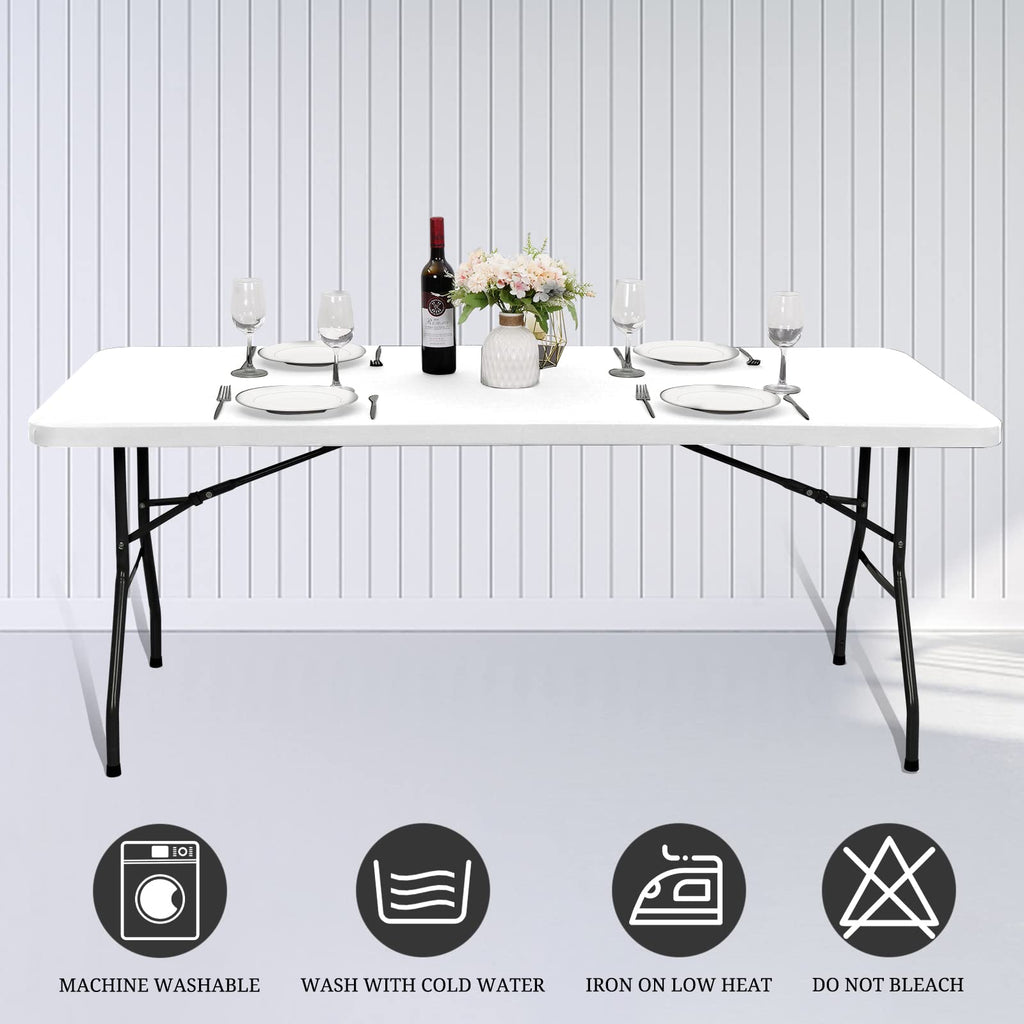 6 Pack Stretch Fabric Table Top Cap Cover, fits 6' Tables, Spandex Table Covers Washable Elastic Universal Rectangle Tablecloth Protector for Indoor Outdoor Party Picnic Wedding, White, 30" W x 72" L