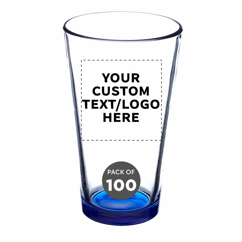 Custom Pint Glass 16 oz. Set of 100, Personalized Bulk Pack - Beer Glasses, Heavy Duty Drinkware - Blue