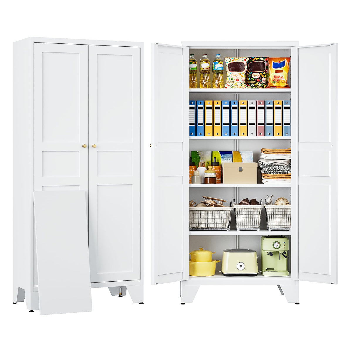 SISESOL 71" Tall Pantry Cabinet with 2 Doors and 5 Shelves,Kitchen Pantry Storage Cabinets,White Metal Storage Cabinet,Wide Deep Food Cupboard for Home,Kitchen,Dining/Living Room