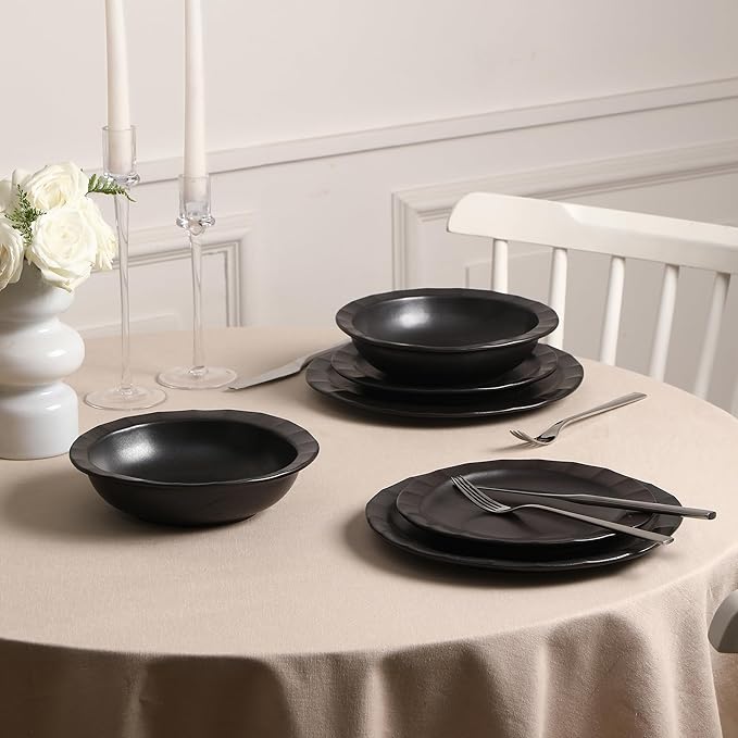 Stone Lain Oasis Stoneware Plate Dish Set, 4-Piece Dinner Plates - Ceramic Serving Dishes for 4 People - Microwave & Dishwasher Safe, Black