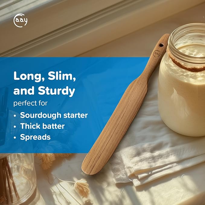 FAAY Teak Wooden Skinny Spurtle Spatula for Sourdough Starter & Jars