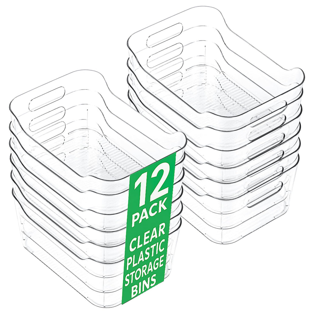 CiWiVOKi 12 Pack Clear Plastic Storage Bins, Acrylic Organizer and Containers with Handle for Pantry, Cabinet, Closet, Refrigerator, Freezer, Bathroom, Kitchen Under Sink Storage
