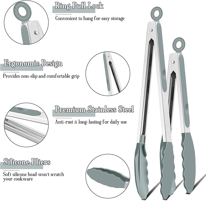 TeamFar Kitchen Tongs, 9"&12" Stainless Steel Heat Resistant Cooking Tongs
