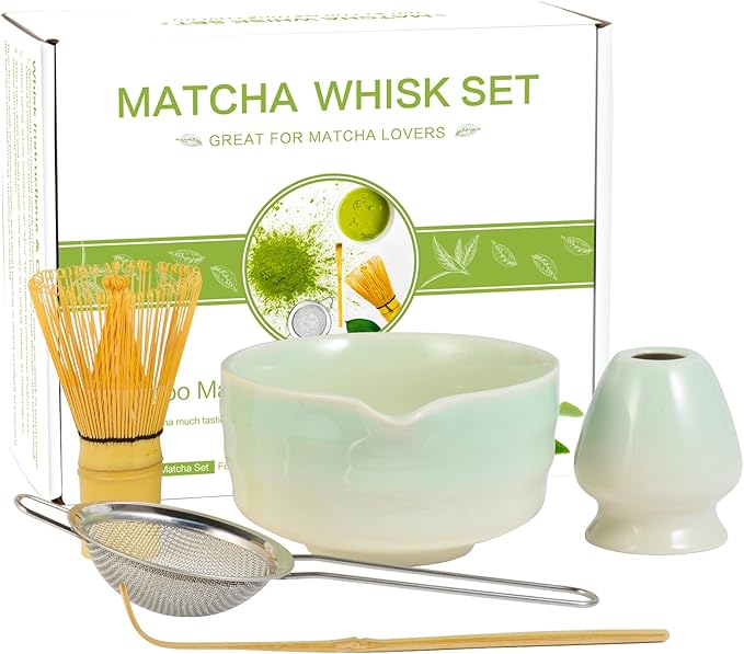 Matcha Whisk Set, Japanese Tea Set Includes Matcha Bowl with Spout, Bamboo Whisk, Ceramic Chasen Holder, Scoop, Sifter, 5 pcs Traditional Tea Making Kit for Matcha Lovers Women Men