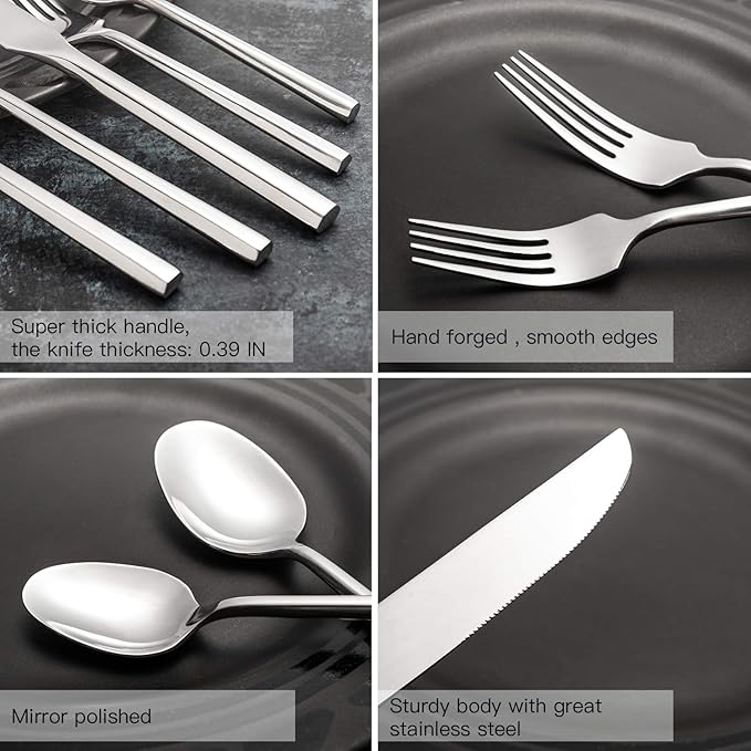 Kelenfer Silverware Set with Hexagon Handle 60 Piece Service for 12