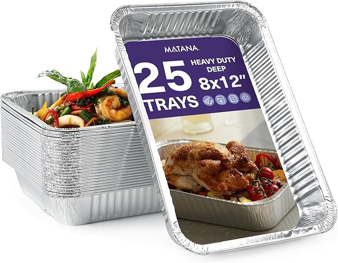 MATANA 25 Pack 8x12 Foil Aluminum Pans Disposable Trays - Ideal for Roasting, Baking, Lasagna, Cakes, Tarts, Bread, Crawfish, Chafer, Party