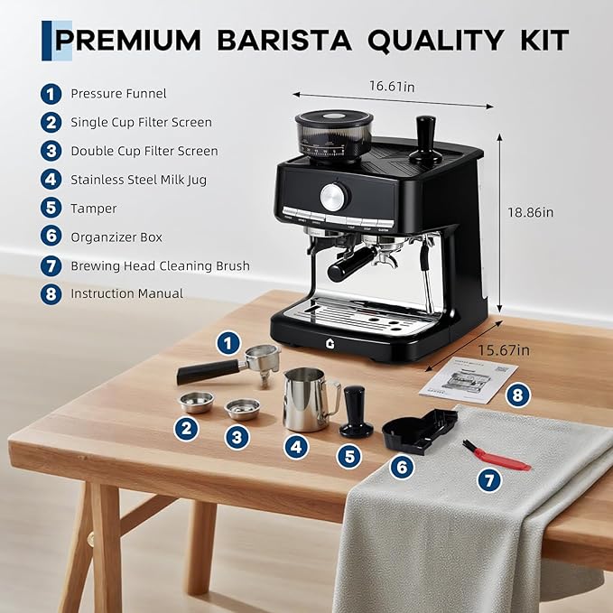 Garvee 20 Bar Pressure Stainless Steel Espresso Machine with Grinder, 1.5L Removable Water Tank, Milk Frother Steam Wand for Latte/Cappuccino - Adjustable Shot Volume, Professional Home/Office Use