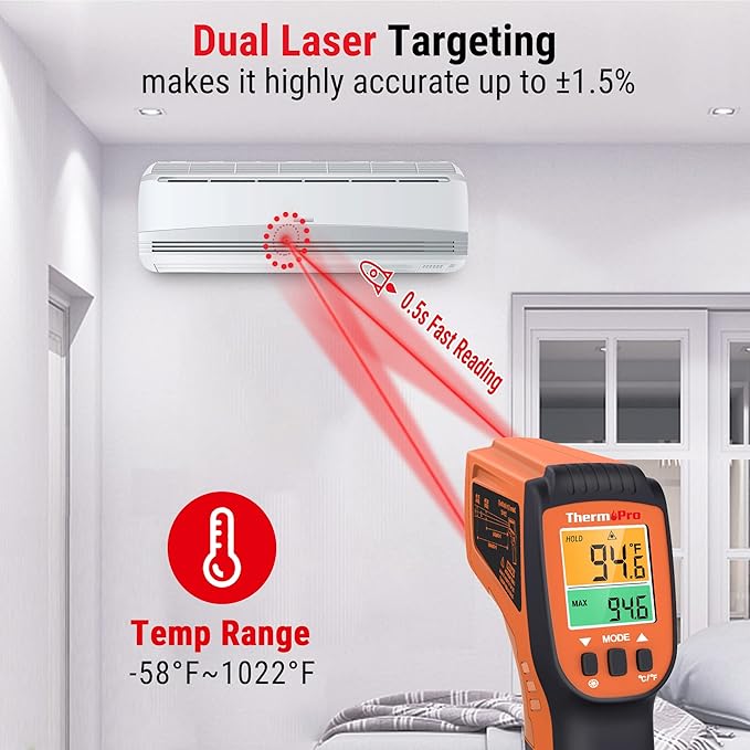 TempPro TempScan Infrared Thermometer Gun with 2 Laser for Pizza Oven Grill