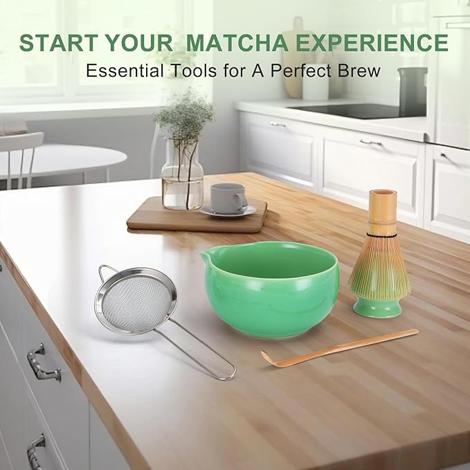 Matcha Whisk Set 5 Pcs, 18OZ Matcha Bowl With Thoughtful Spout, 100% Natural Bamboo Whisk, Ceramic Whisks Holder, 304 Stainless Sifter, Tea Scoop, Tea Spoon, Gift for Matcha Lovers Beginner