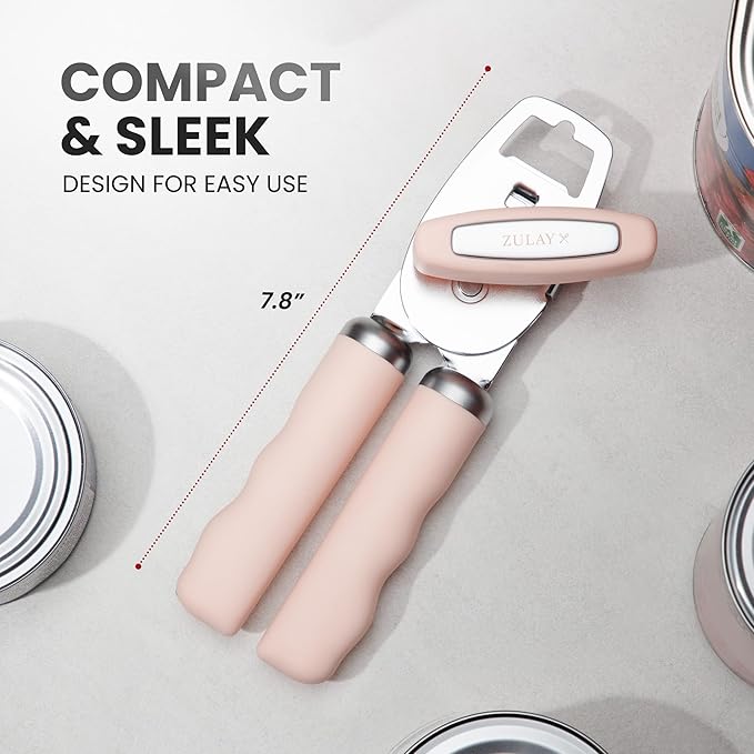 Zulay Kitchen Heavy Duty Stainless Steel Can Opener Manual with Bottle Opener - Rust Proof Manual Can Opener With Turn Knob & Comfy Soft Grip Handles - Apricot Peach