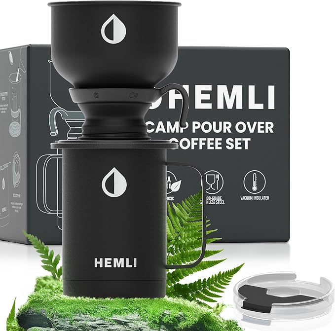 Hemli 16 oz Pour Over Camping Coffee Maker Set– Vacuum Insulated Mug with Leakproof Lid, Stainless Steel Micro Filter, Portable Coffee Maker for Camping, Travel & Outdoor Adventures