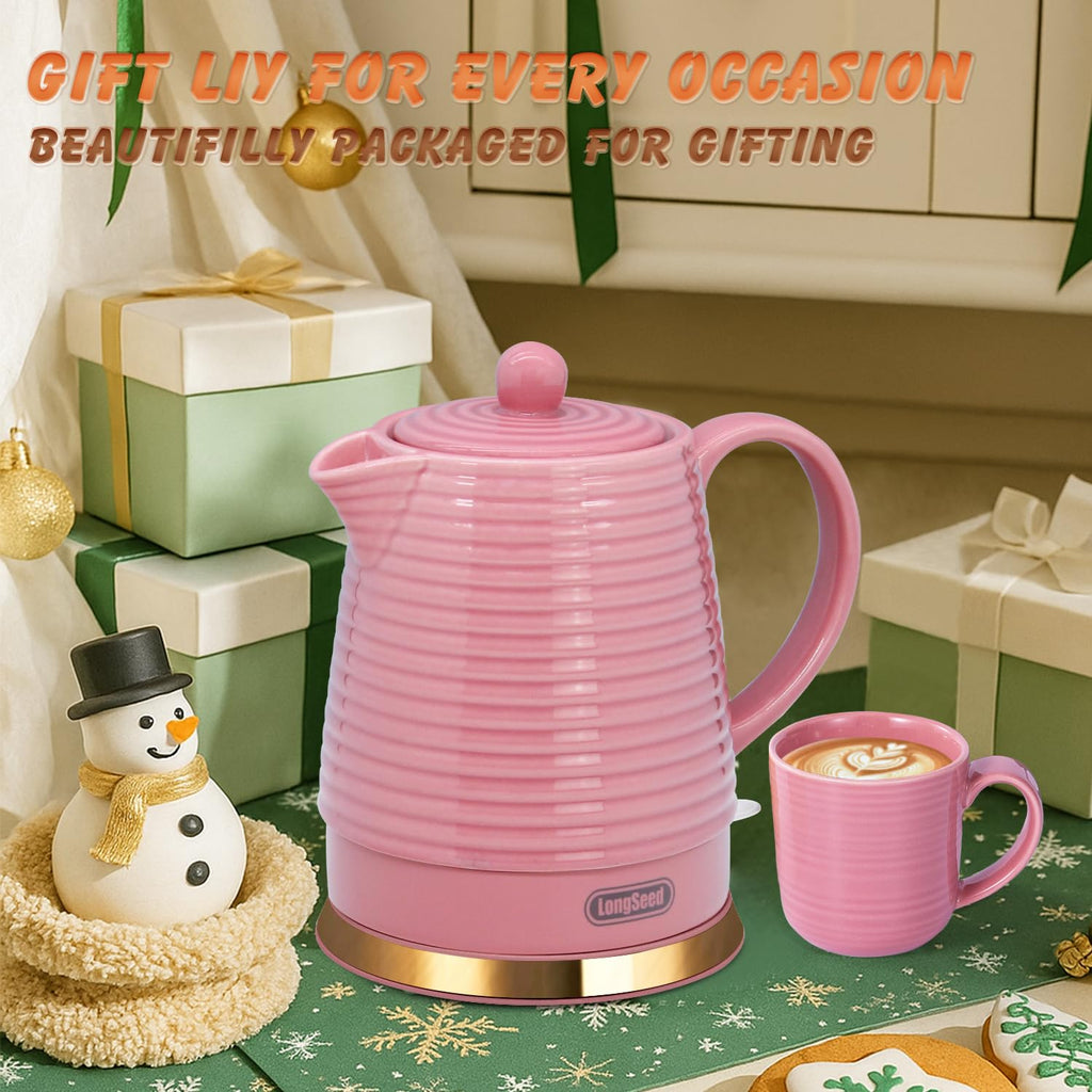 LONGSEED 1.2 Liters Ceramic Electric Kettle with Infuser & Mug Set,1000W Fast Boil Water for Tea Coffee, Teapot with Boil-Dry Protection Auto Shut Off, Detachable Swivel Base
