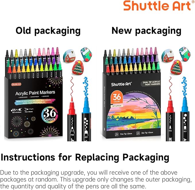 Shuttle Art 36 Colors Dual Tip Acrylic Paint Markers, Dot Tip and Fine Tip Acrylic Paint Pens for Rock, Ceramic, Wood, Canvas, Plastic, Glass, Stone, Calligraphy, Card Making, DIY Football Crafts