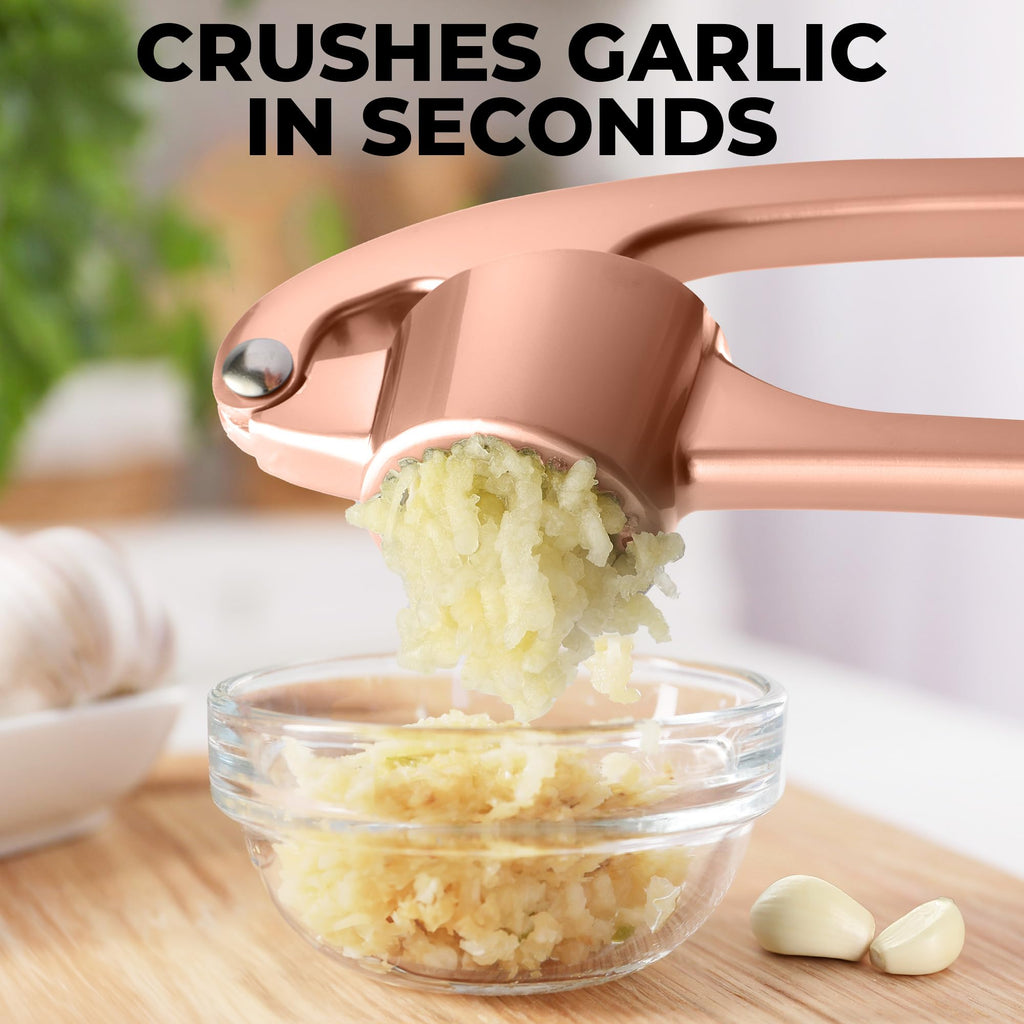 Zulay Kitchen Premium Garlic Press Set - Rust Proof Professional Garlic Mincer Tool - Easy-Squeeze, Easy-Clean with Soft Handle - Silicone Garlic Peeler & Brush (Rose Gold)
