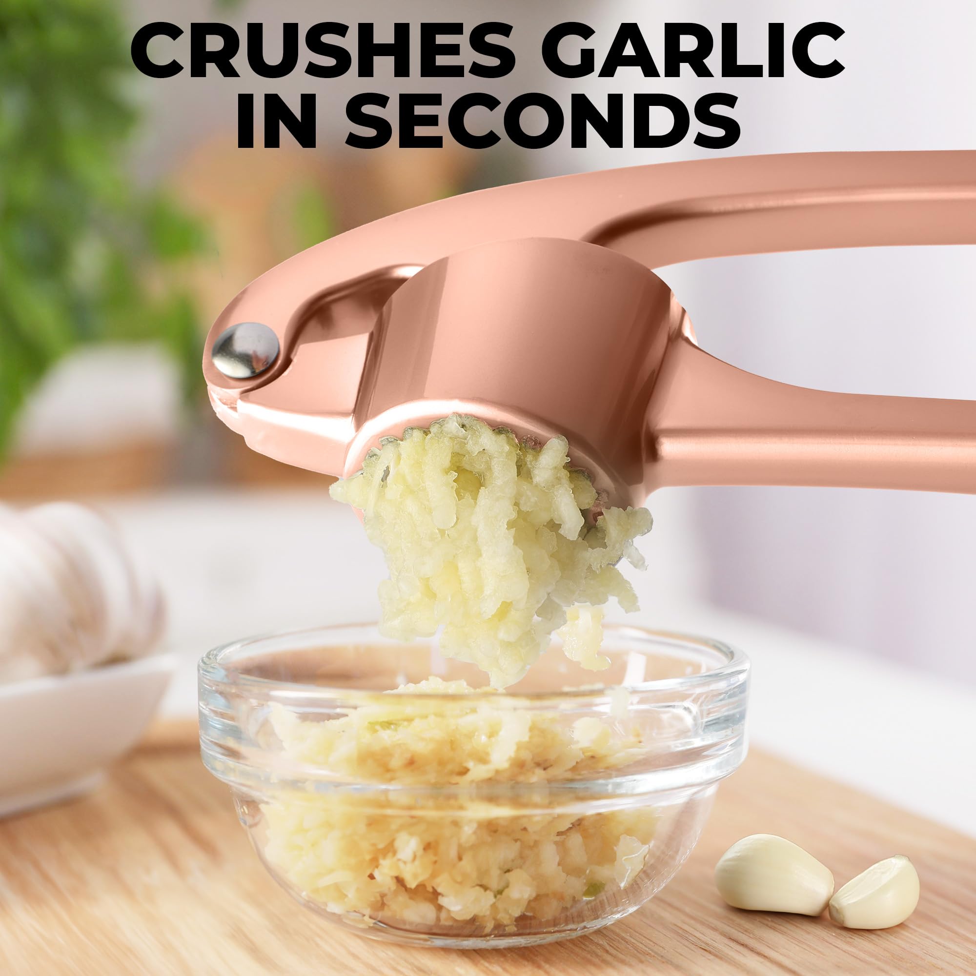 Zulay Kitchen Premium Garlic Press Set - Rust Proof Professional Garlic Mincer Tool - Easy-Squeeze, Easy-Clean with Soft Handle - Silicone Garlic Peeler & Brush (Rose Gold)