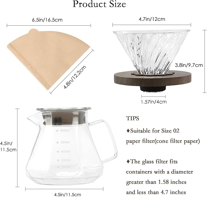 Lalord Pour Over Coffee Maker, 20 oz Borosilicate Glass Carafe with 100 pcs V60 Paper Filter, Walnut Handle & Glass Lid, Drip Coffee Maker for Home Café Restaurant Camping, 600 ml, Clear