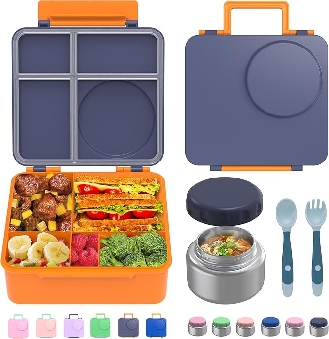 JoyYum Bento Box for Kids - Leak-Proof Bento Lunch Box with Insulated Thermo Food Jar - 4 Compartments, 1 Removable Divider, 1 Spoon, 1 Fork - Dishwasher Safe, BPA-Free (Navy blue)