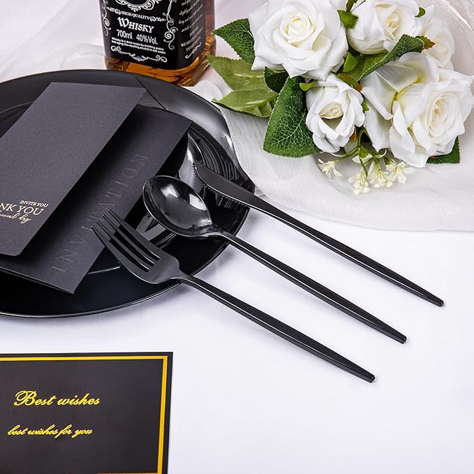 PULOTE 150PCS Black Plastic Silverware Set Disposable - Heavy Duty Black Plastic Cutlery - Black Plastic Utensils Set Include 50 Forks,50 Spoons,50 Knives for Party&Graduation