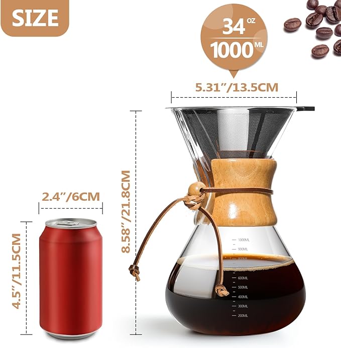 Yopinmall Pour Over Coffee Maker 34 OZ, 10 Cup Borosilicate Glass Drip Coffee Maker with Reusable Stainless Steel Filter and Cork Grip for Home Café 1000 ML