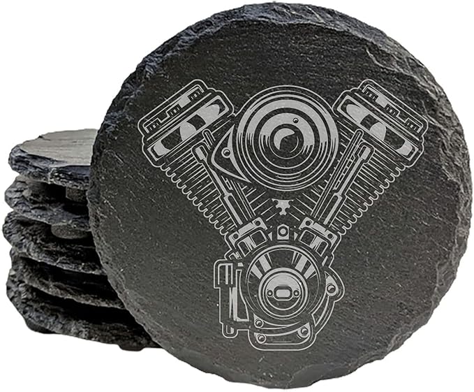 Bold V-Twin Motorcycle Engine Slate Coasters Set of 8 – Round – USA Made